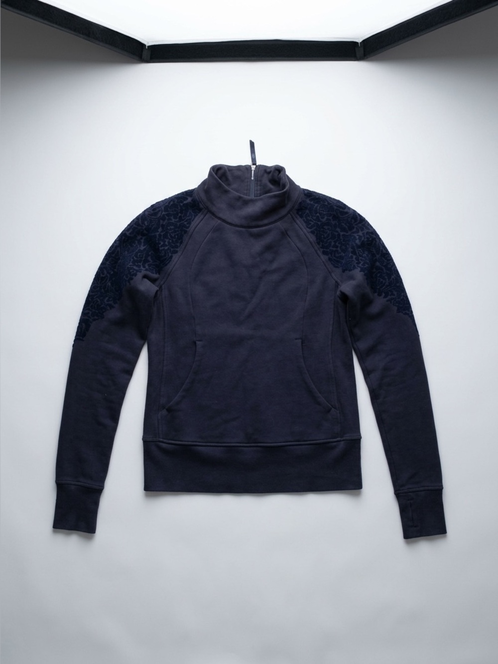 Rare lululemon athletica Navy Funnel Neck velvet floral detail , back zip